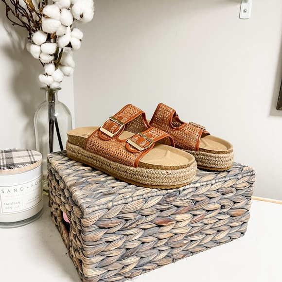 Brown Raffia Woven Two Strap Platform Espadrille Platform Sandals Size 8.5 - Picture 2 of 7